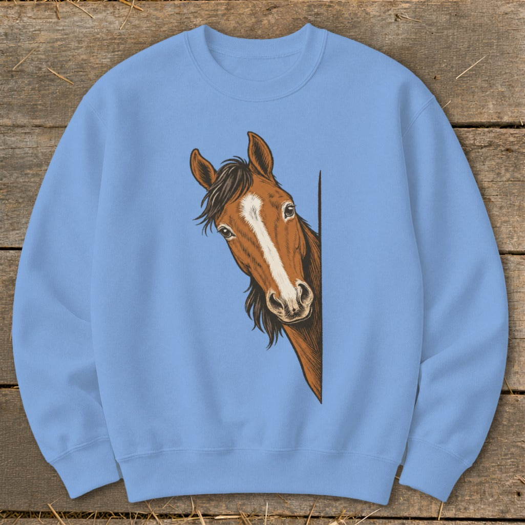 Light blue crewneck sweatshirt with a brown horse peeking from the side.