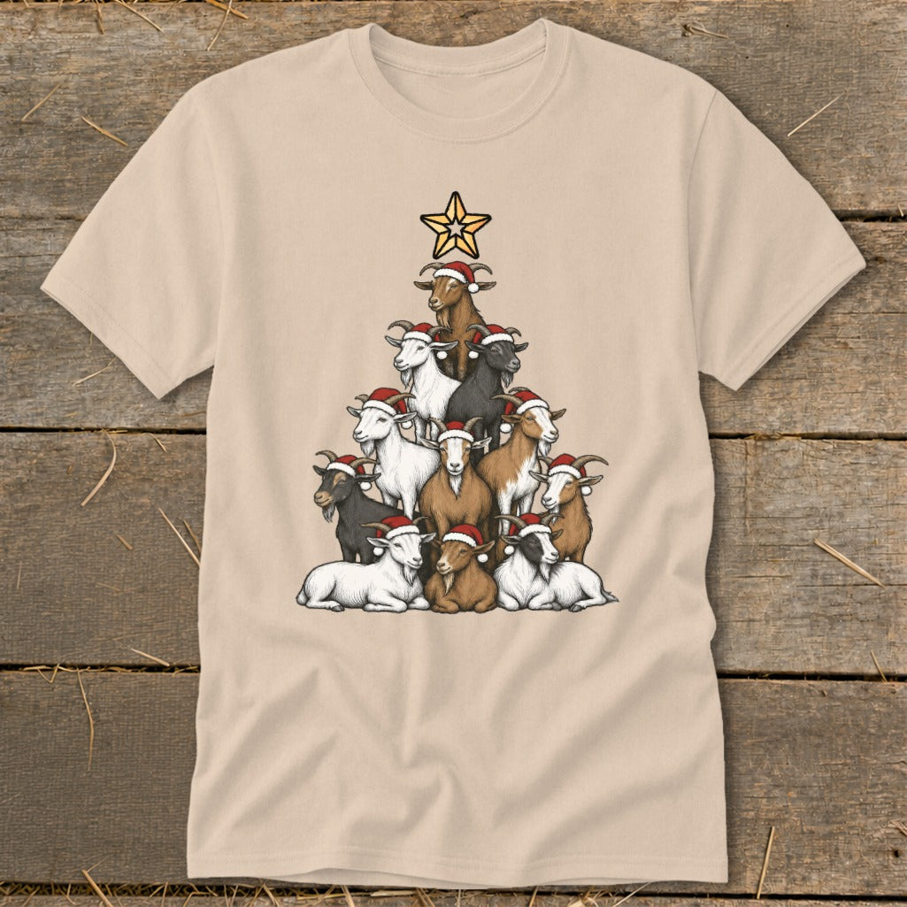 A Christmas tree formed from various goats wearing Santa hats, topped with a star.