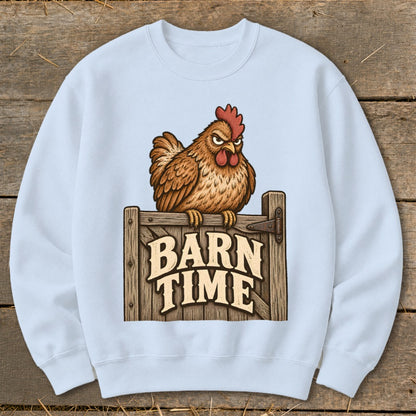 Light blue sweatshirt with a cartoon chicken sitting on a wooden gate labeled "BARN TIME".