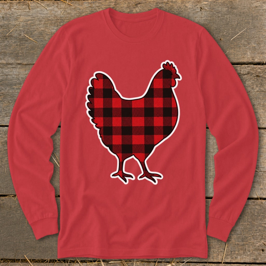 Red long-sleeve shirt with a black and red buffalo plaid chicken graphic.