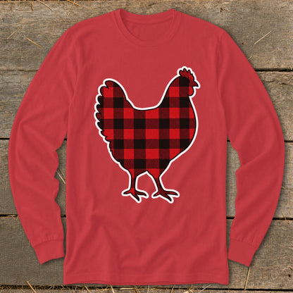 Red long-sleeve shirt with a black and red buffalo plaid chicken graphic.
