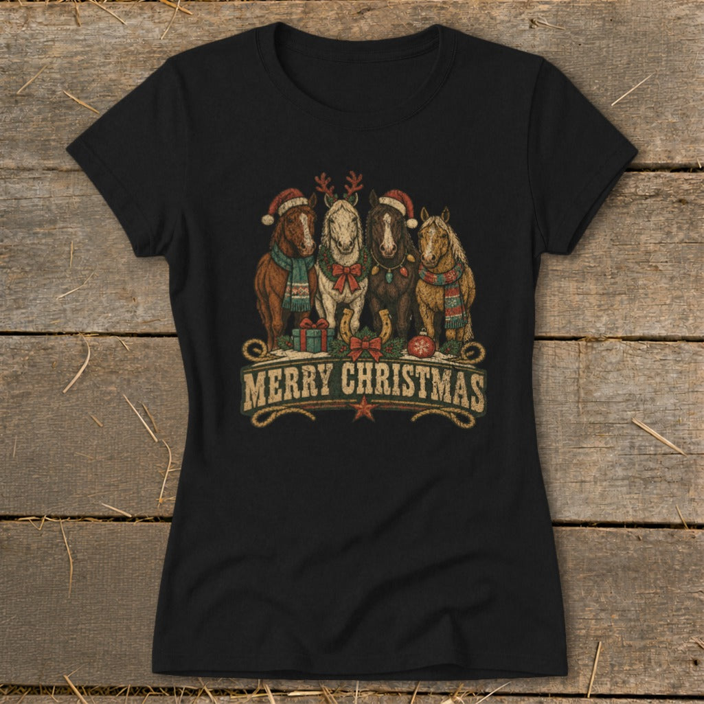 Four horses wearing Santa hats and scarves with "Merry Christmas" text.
