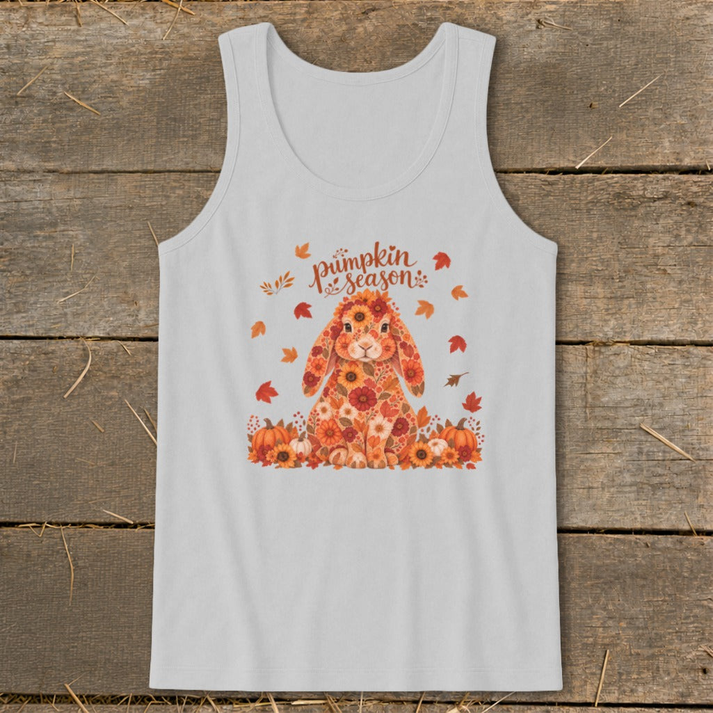 Light grey tank top with a floral bunny design and "pumpkin season" text.