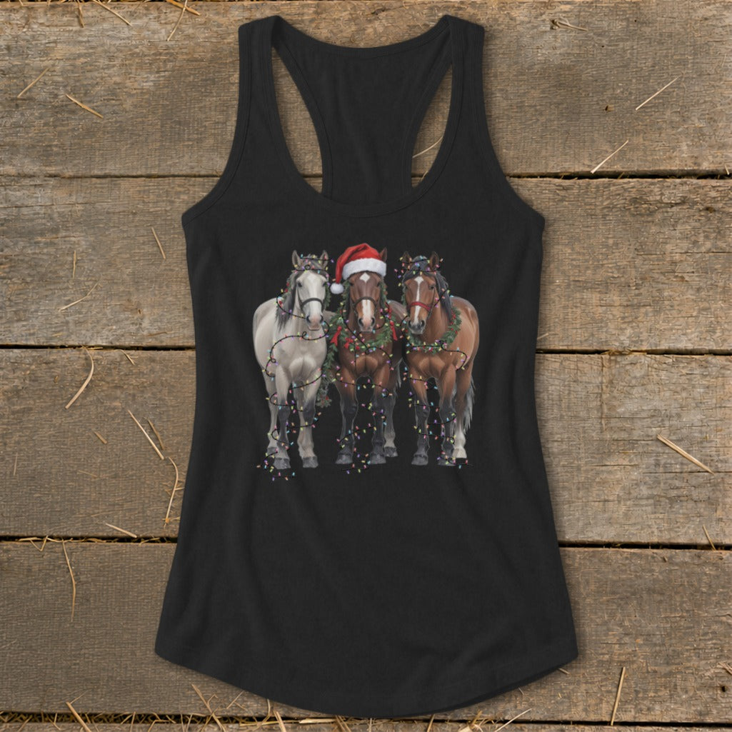 Three horses wearing Santa hat and Christmas lights on a tank top.