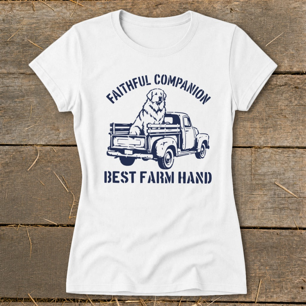 White t-shirt with navy graphic: dog in truck, "Faithful Companion", "Best Farm Hand"