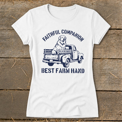 White t-shirt with navy graphic: dog in truck, "Faithful Companion", "Best Farm Hand"