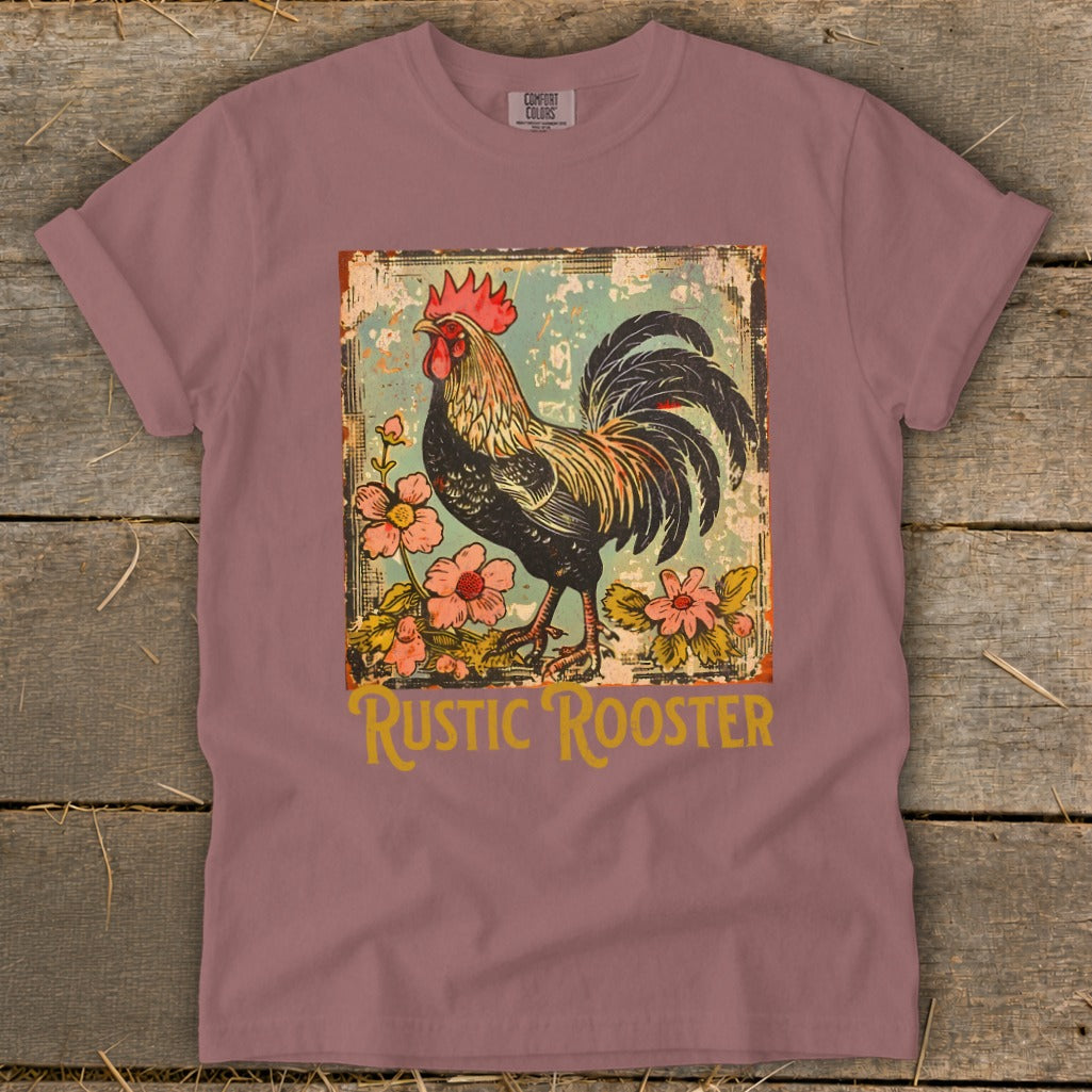 Rooster with flowers art on a rustic design, text "RUSTIC ROOSTER".