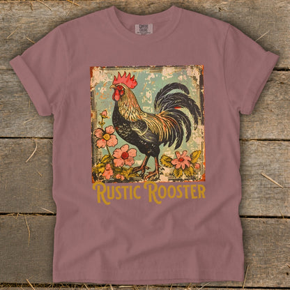 Rooster with flowers art on a rustic design, text "RUSTIC ROOSTER".