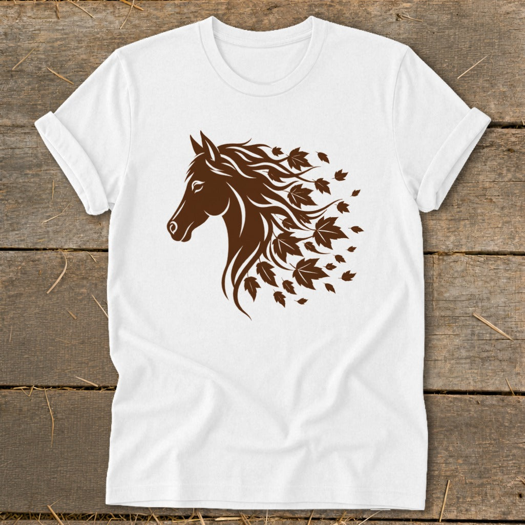 White t-shirt with brown horse head graphic featuring flowing mane and falling leaves.