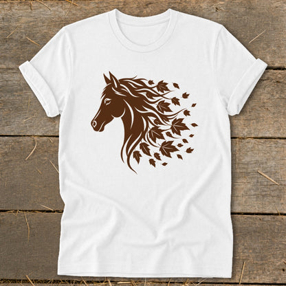 White t-shirt with brown horse head graphic featuring flowing mane and falling leaves.
