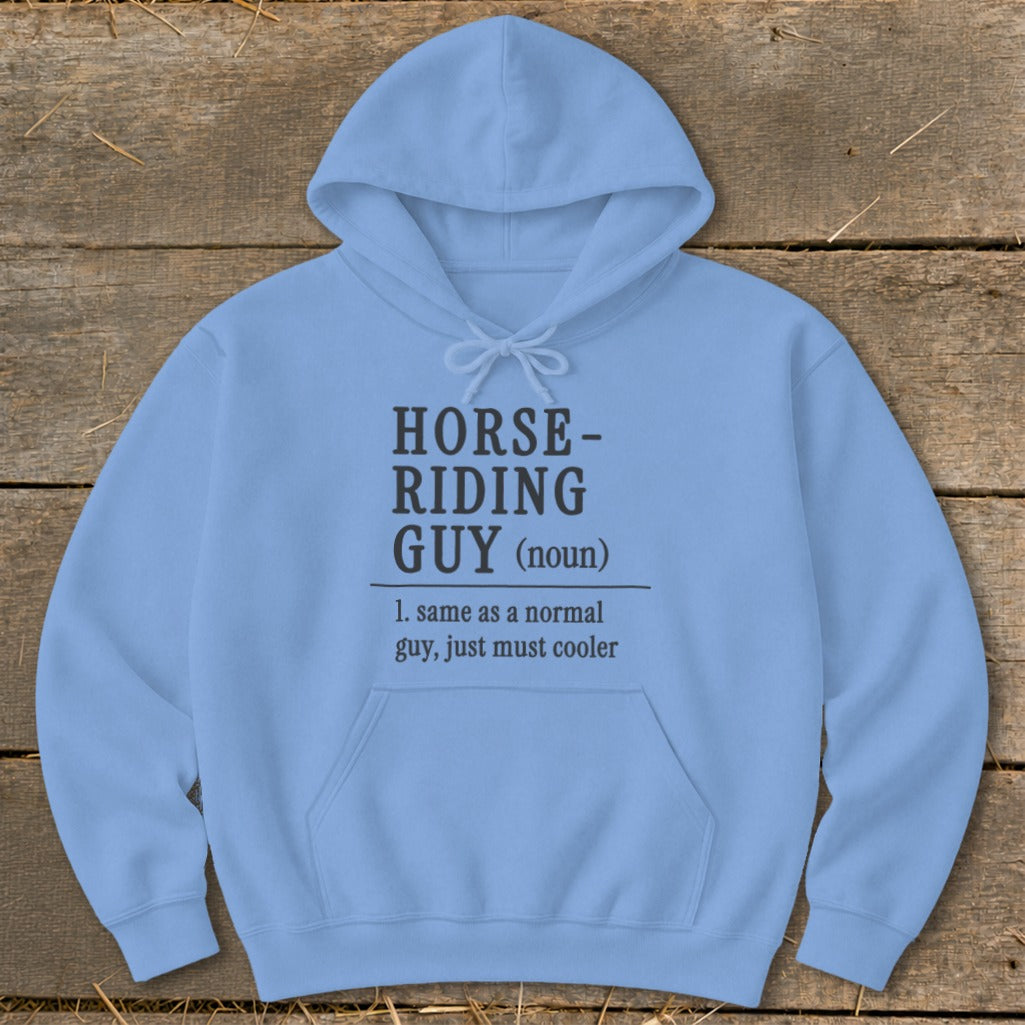 Light blue hoodie with "Horse-Riding Guy (noun) 1. same as a normal guy, just must cooler" text.