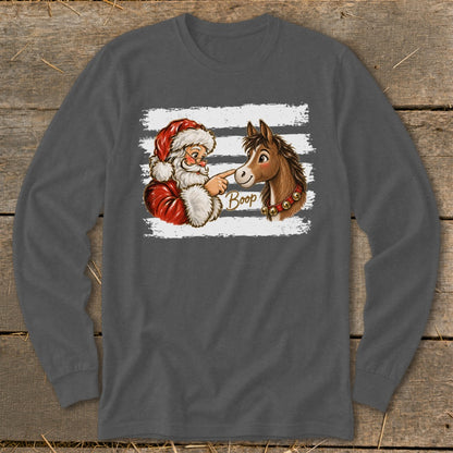 Santa booping a horse's nose with the word "Boop" written.