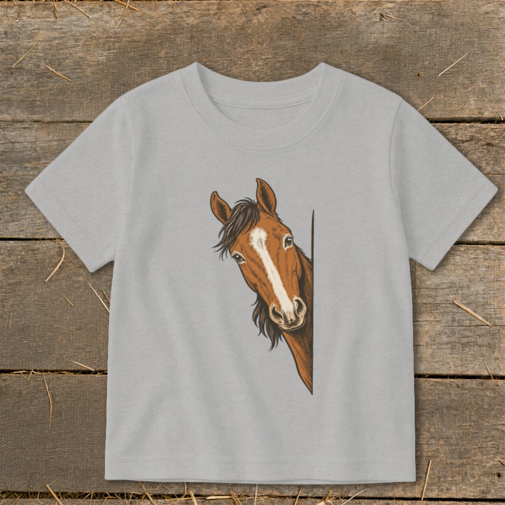 Light grey t-shirt with a drawing of a brown horse peeking from the side.