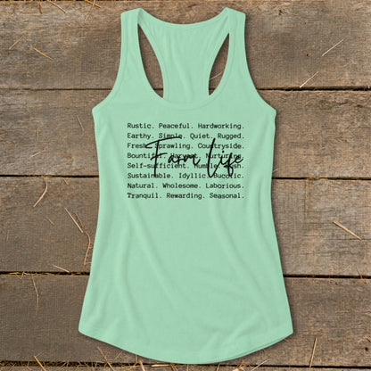 Mint green tank top with "Farm Life" text and descriptive words.