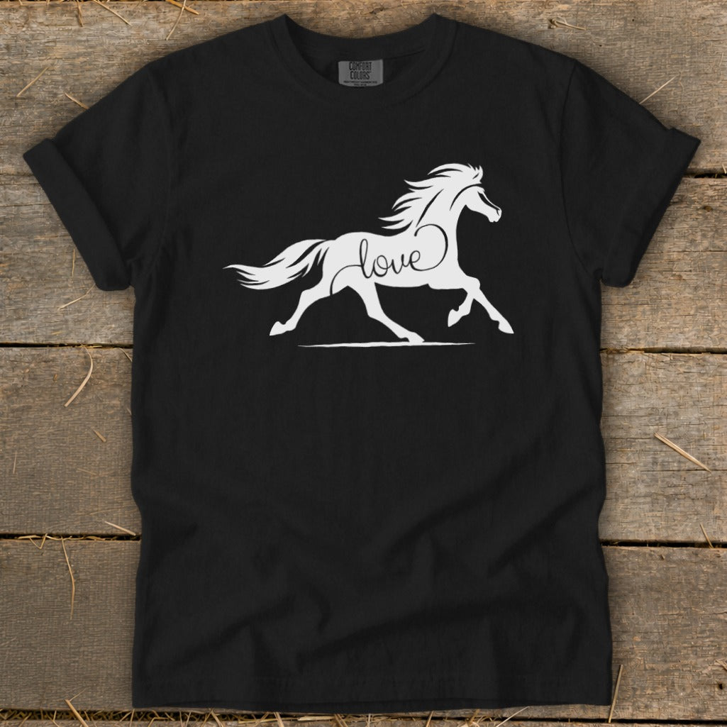 Black t-shirt with white horse silhouette and "love" text design.