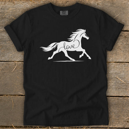 Black t-shirt with white horse silhouette and "love" text design.