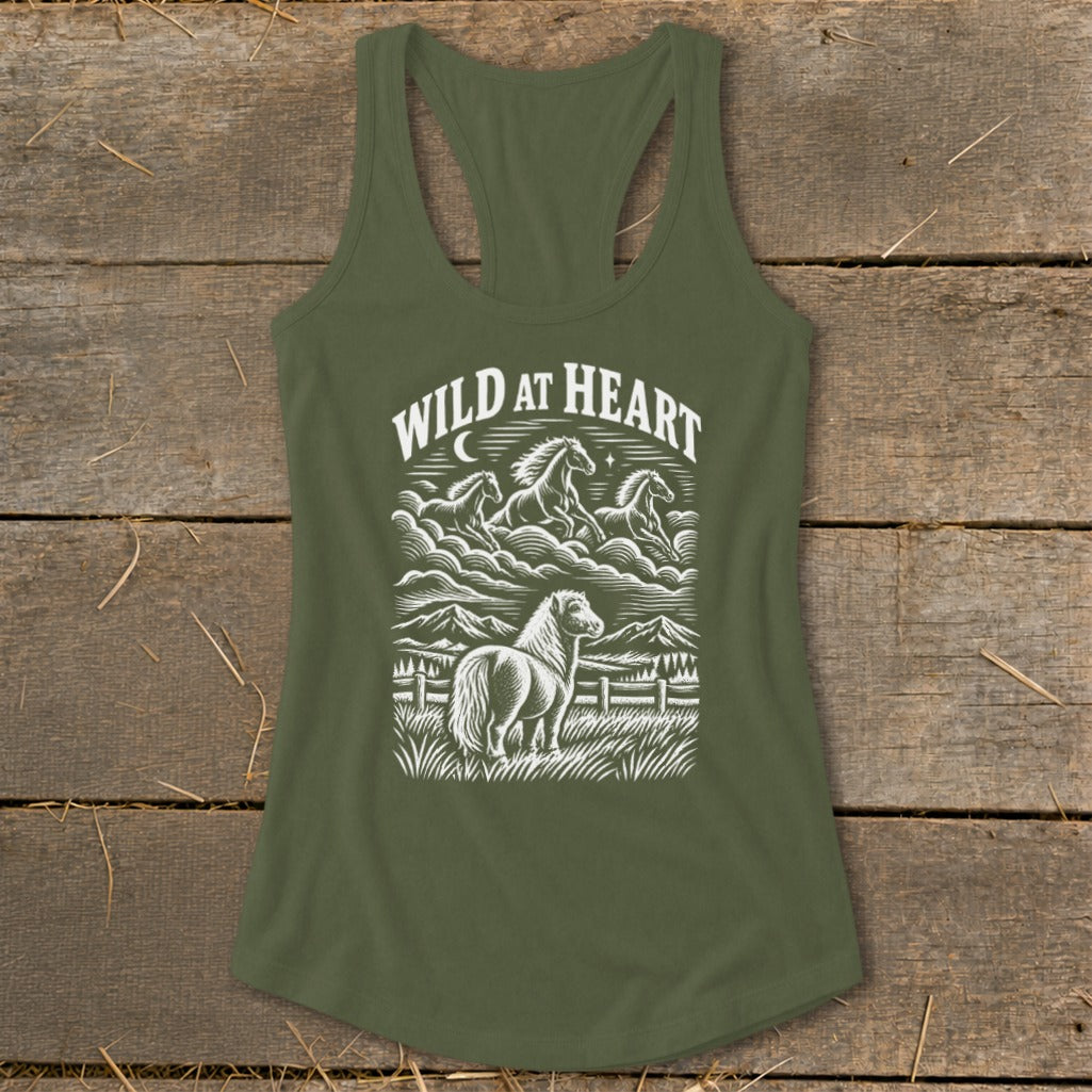 Olive green tank top with "Wild at Heart" graphic featuring horses and a pony.