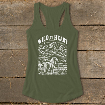 Olive green tank top with "Wild at Heart" graphic featuring horses and a pony.