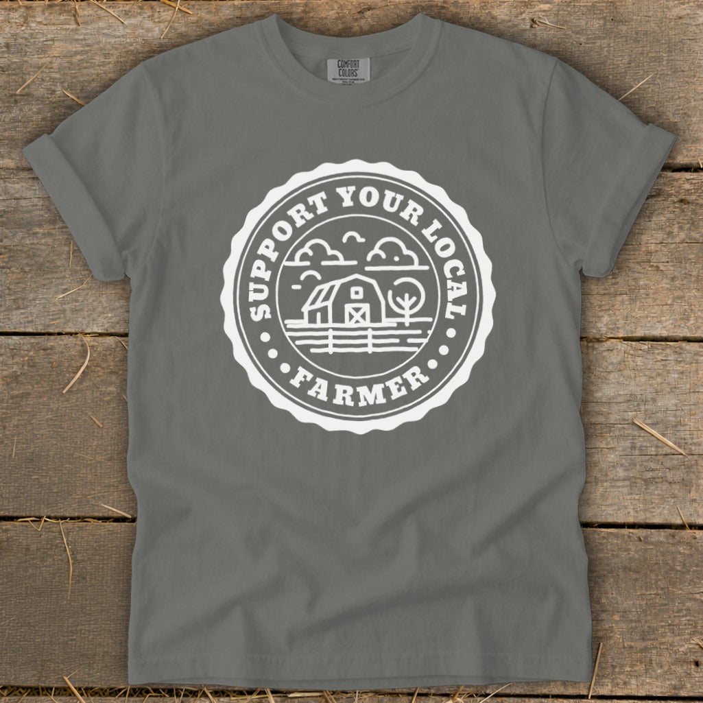 Gray t-shirt with white "Support Your Local Farmer" emblem featuring a barn and trees.