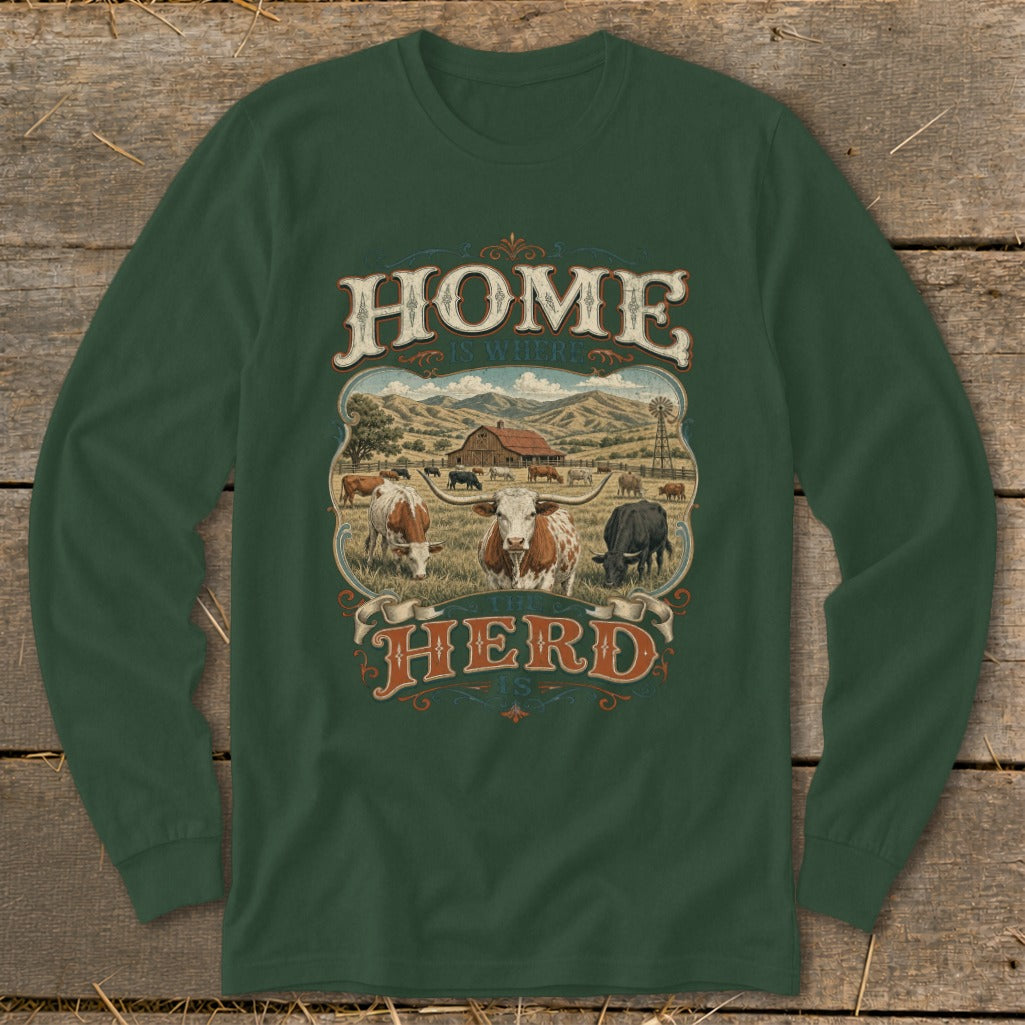 Green long sleeve shirt with "HOME IS WHERE THE HERD IS" graphic and cattle scene.