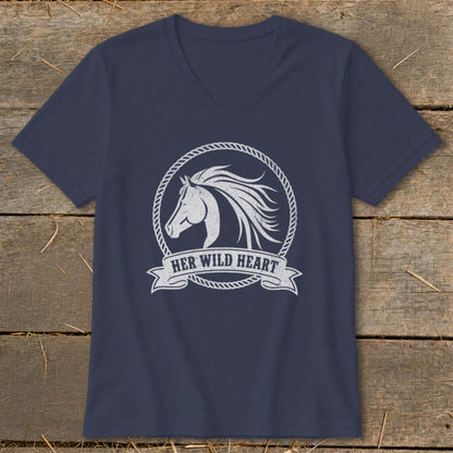 Navy v-neck t-shirt with distressed horse graphic and "HER WILD HEART" text.
