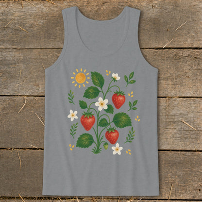 Gray tank top with a whimsical strawberry plant illustration featuring fruit, flowers, and sun.