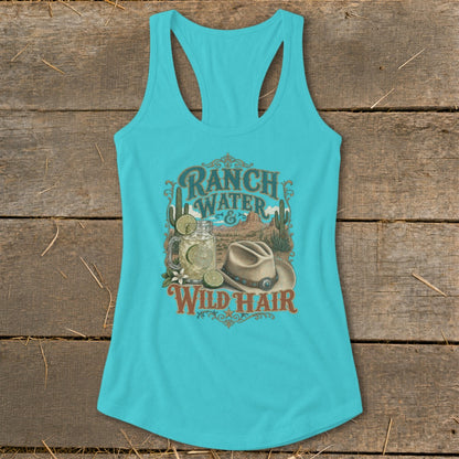 Turquoise tank top with "Ranch Water, Wild Hair" text, drink, and cowboy hat graphic.