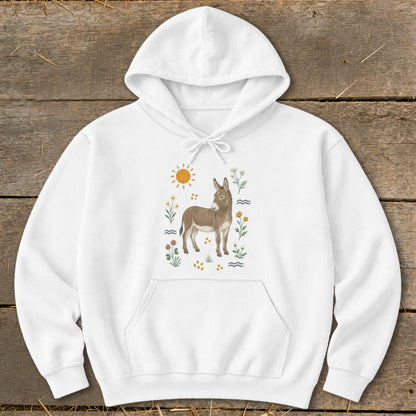 White hooded sweatshirt with a watercolor donkey and floral design.