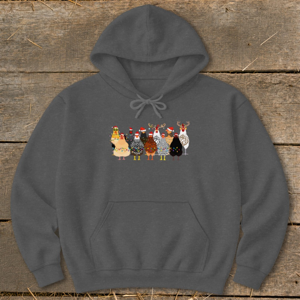 Christmas chickens wearing Santa hats and antlers on a grey hoodie.