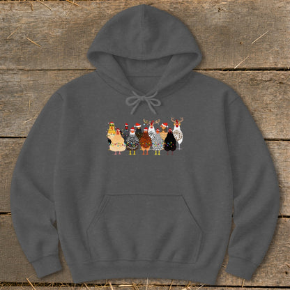Christmas chickens wearing Santa hats and antlers on a grey hoodie.