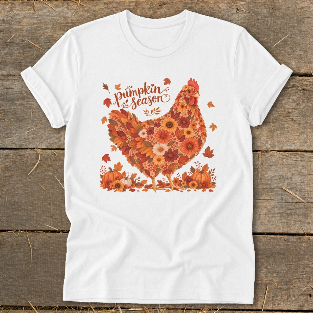 White t-shirt with a floral chicken design and "Pumpkin Season" text.