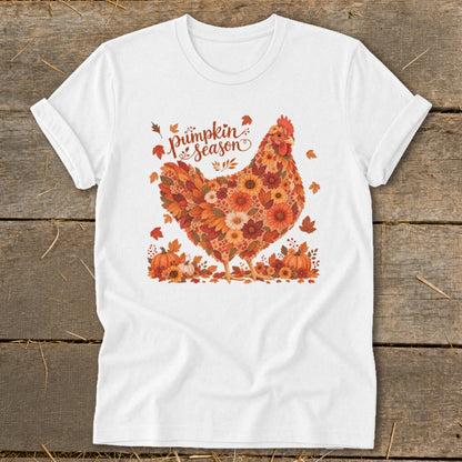 White t-shirt with a floral chicken design and "Pumpkin Season" text.