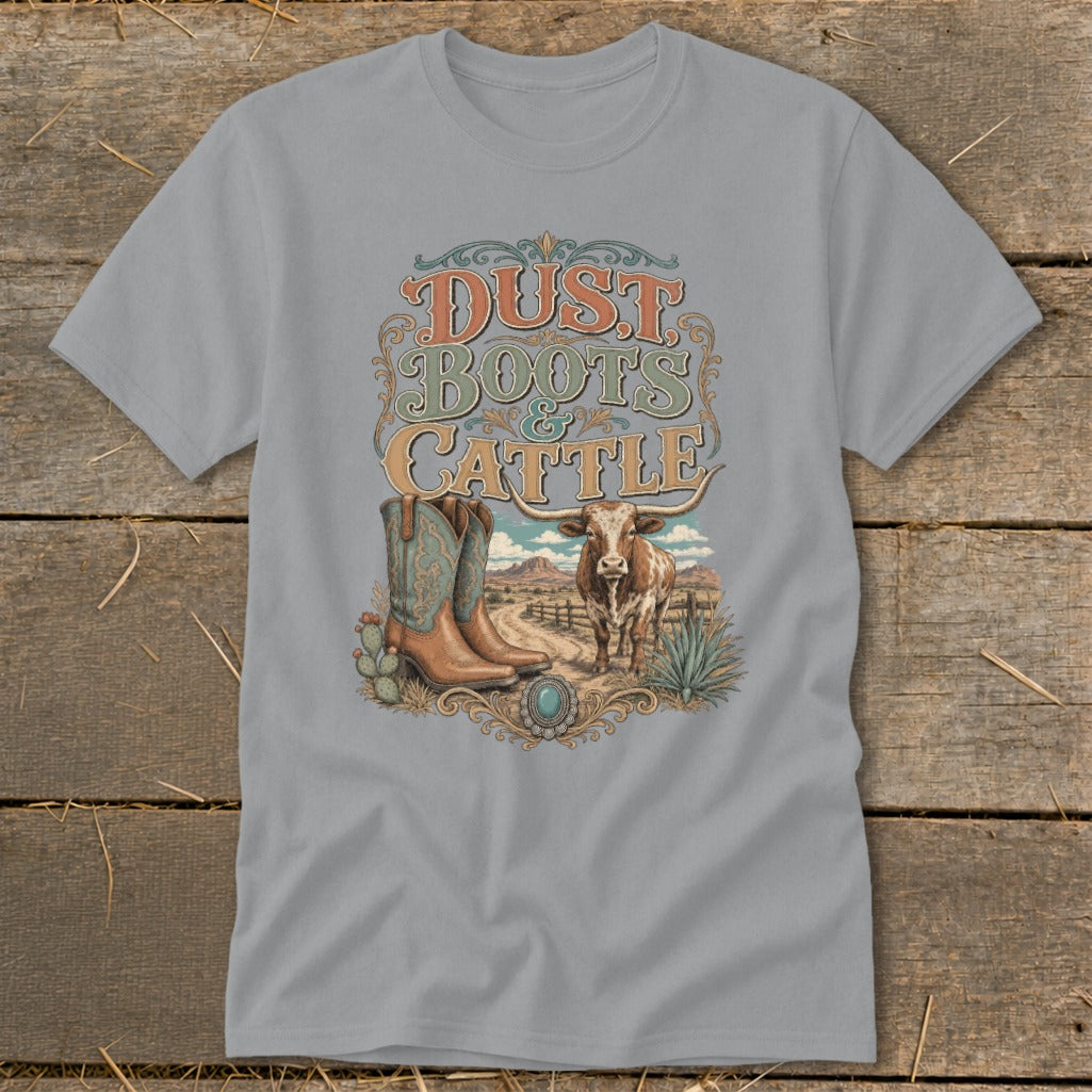 T-shirt with "Dust Boots & Cattle" text, cowboy boots, and longhorn steer.