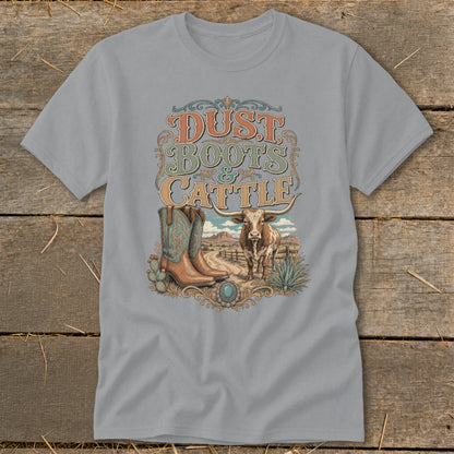 T-shirt with "Dust Boots & Cattle" text, cowboy boots, and longhorn steer.