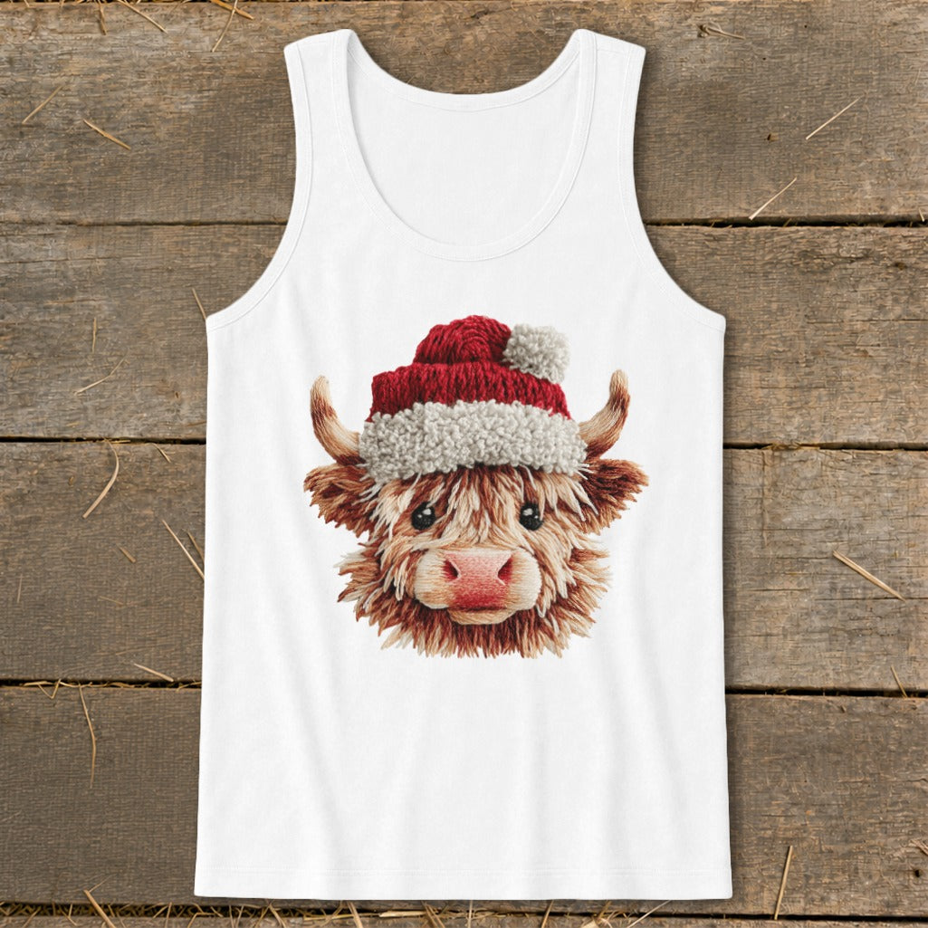 White tank top with a fluffy Highland cow wearing a Santa hat.