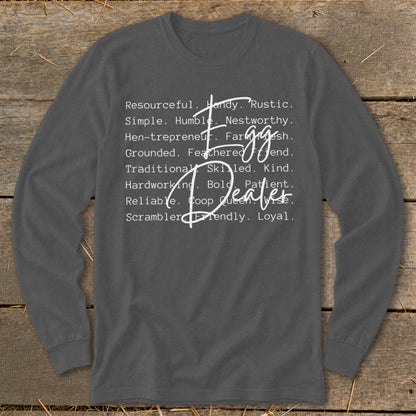 Dark grey long sleeve shirt with white text listing attributes and "Egg Dealer" in script.