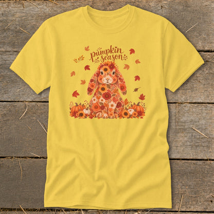 Yellow t-shirt with floral bunny graphic and "pumpkin season" text.