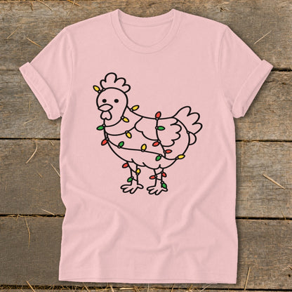 Pink t-shirt with a line drawing of a chicken wrapped in colorful Christmas lights.