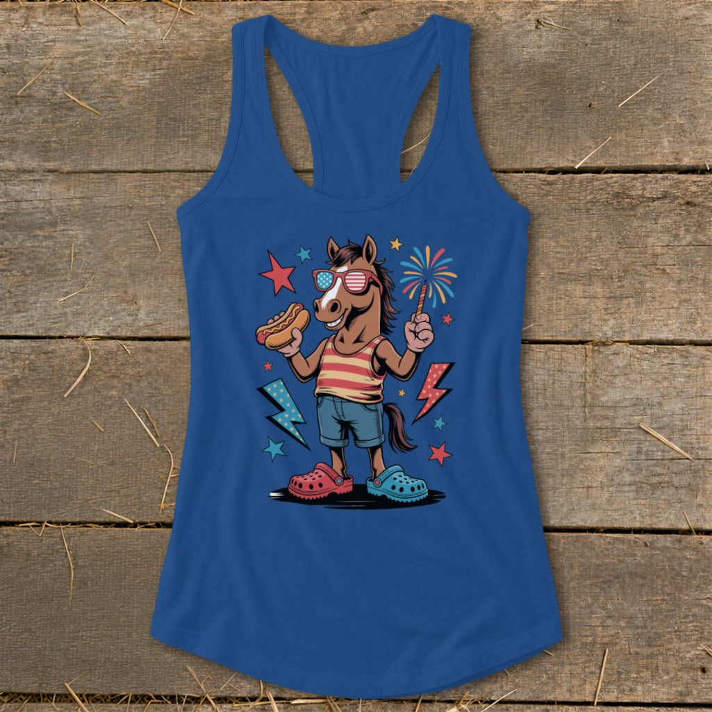 Cartoon horse with hot dog and sparkler, wearing patriotic sunglasses and striped shirt.