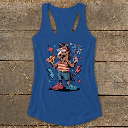 Cartoon horse with hot dog and sparkler, wearing patriotic sunglasses and striped shirt.