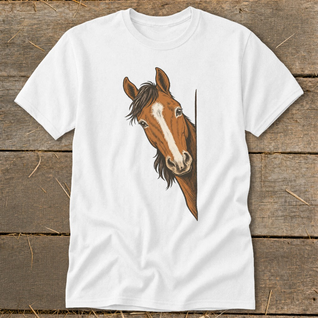 White t-shirt with a drawing of a brown horse peeking from the side.