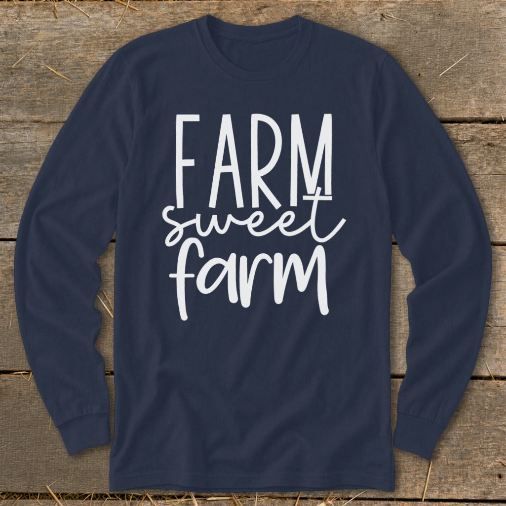 Navy long-sleeve shirt with white text "FARM sweet farm".