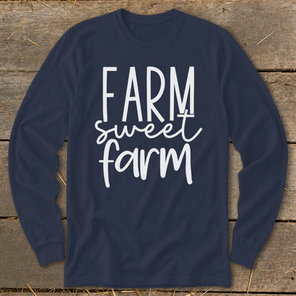 Navy long-sleeve shirt with white text "FARM sweet farm".
