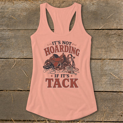Peach tank top with "It's not hoarding if it's tack" and equestrian gear graphic.