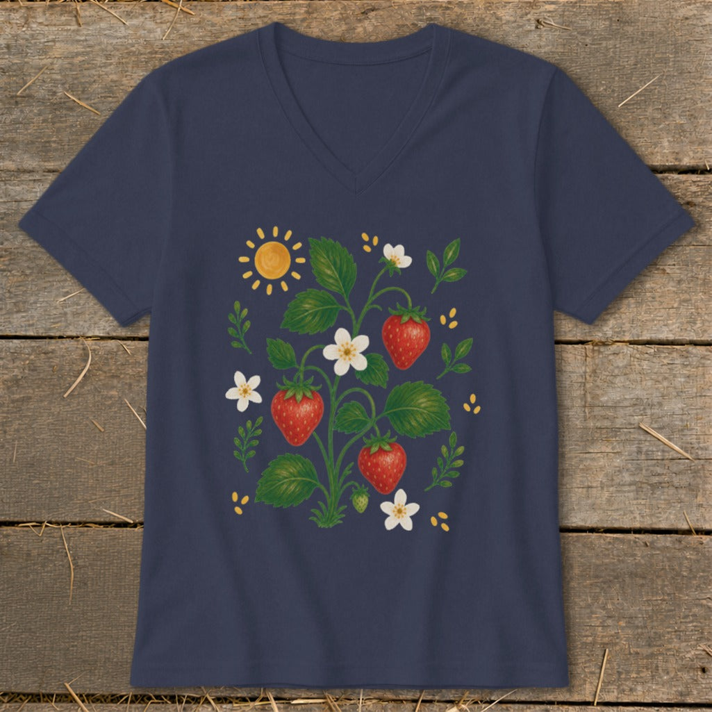 Navy v-neck t-shirt with a vintage strawberry plant illustration.