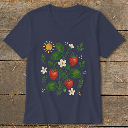 Navy v-neck t-shirt with a vintage strawberry plant illustration.