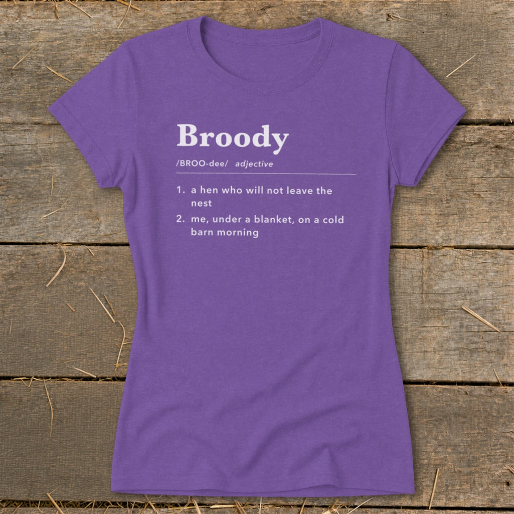 Purple t-shirt with dictionary definition for "Broody": a hen, or me on a cold barn morning.
