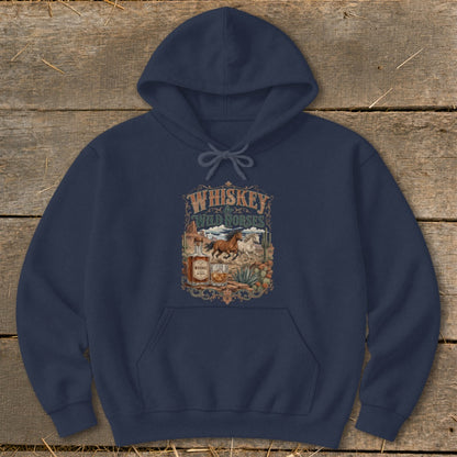 Navy hoodie with "Whiskey Wild Horses" graphic featuring horses, whiskey bottle, and desert plants.