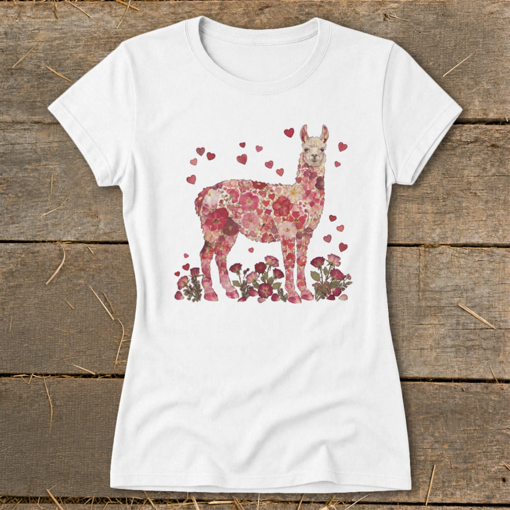 White t-shirt featuring a llama silhouette filled with pink and red flowers and hearts.