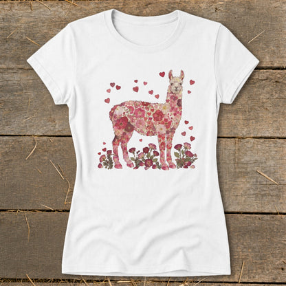 White t-shirt featuring a llama silhouette filled with pink and red flowers and hearts.